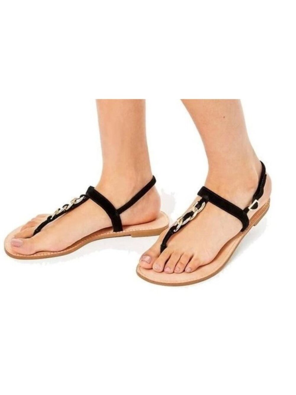 Lilly Pulitzer Largo T-Strap Suede Leather Flat Chain Sandals Black Size 7.5